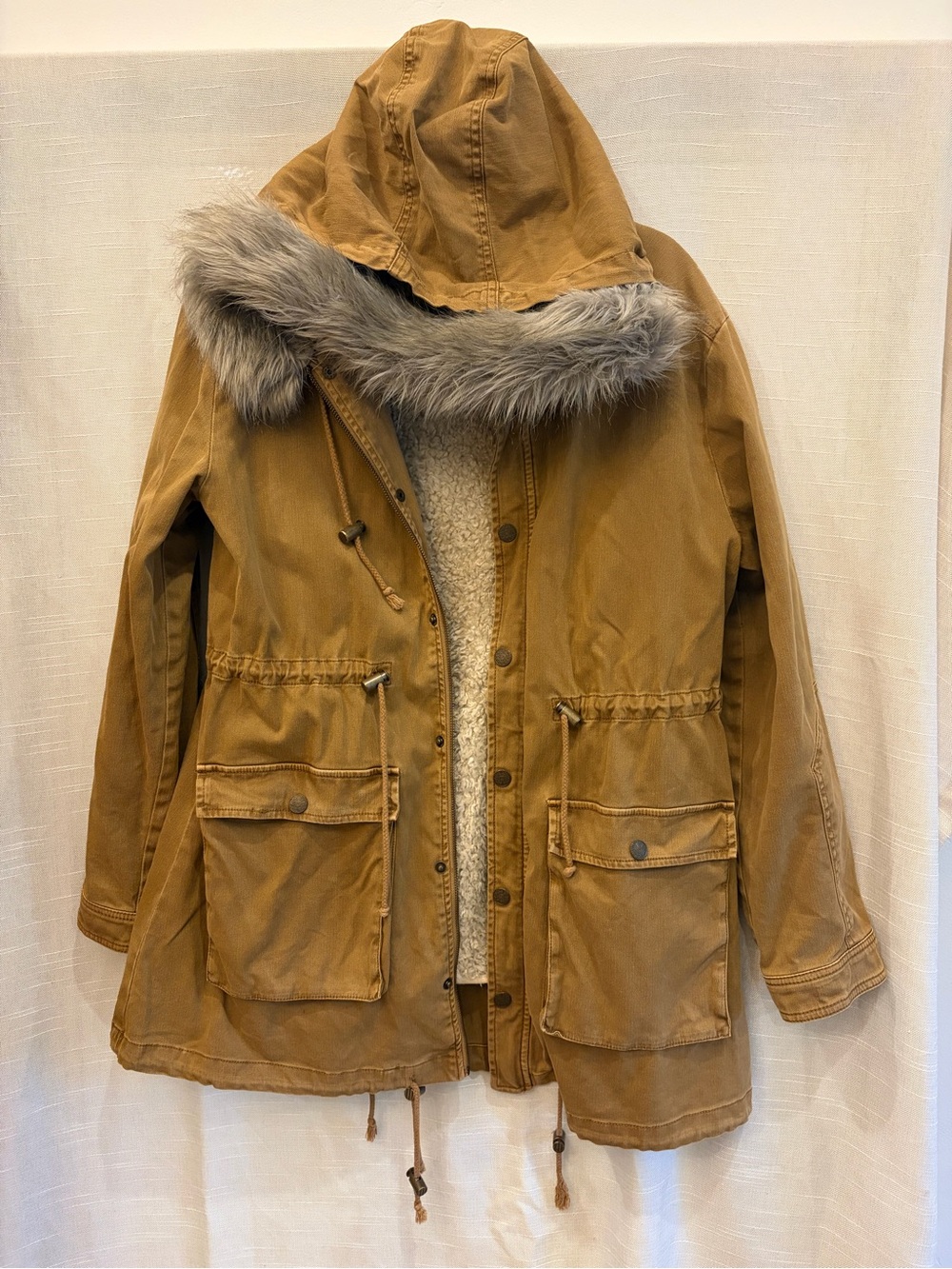 Free People Hooded Utility Jacket with removable Sherpa lining & Faux Fur Trim